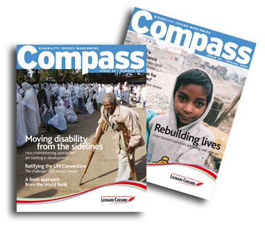 'Compass' magazine. Quarterly magazine produced for Leonard Cheshire Disability. Designed by The Design Mill