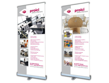 Proici Office Interiors exhibition materials. Designed by The Design Mill
