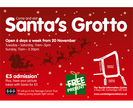 Santa's Grotto. Signage, posters, flyers, adverts and digital media designed for Cambridge Tourist Information Centre. Designed by The Design Mill